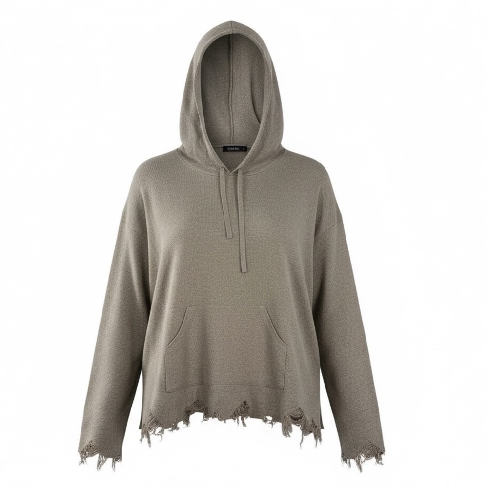 MITTOSHOP Women’s Sweater Hoodie Fringe Raw Edges Distressed Tan